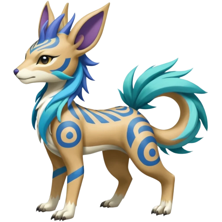 Tropical Tiny Marked Patterned Tribal Colorful Skilled Adept Graceful Asian Painted WereGarurumon-Suicune-Linoone-Meloetta-fusion-hybrid-creature (full body) emoji
