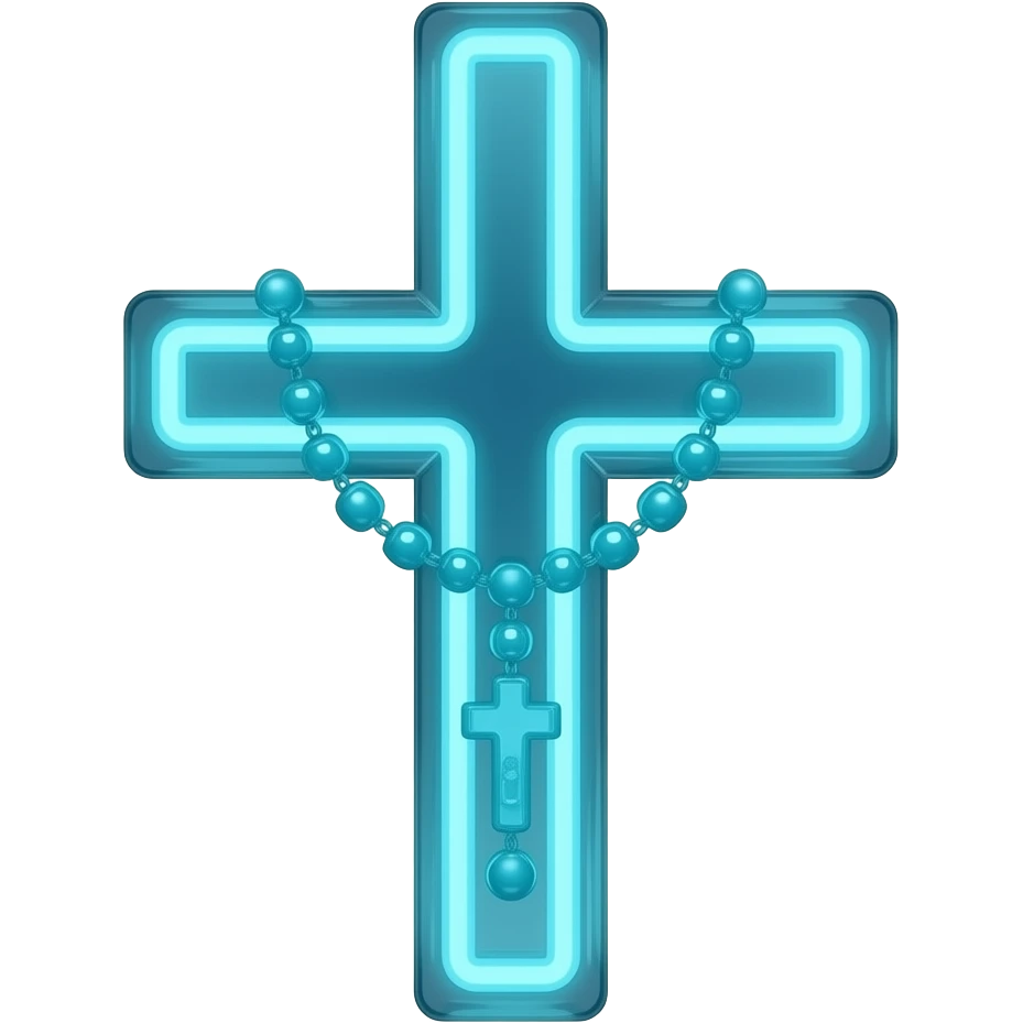 cruz sagrada ciano vidro neon com rosário ciano vidro neon emoji