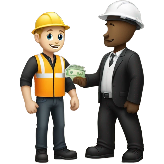 A white guy in a black suit receiving money from a construction worker emoji
