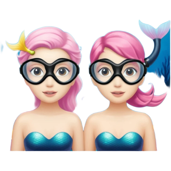 2 Mermaids one wearing a light pink snorkel mask and the other wearing black snorkel mask emoji