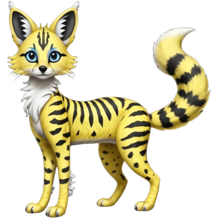 Edgy cool beautiful elegant spotted hype-realistic, black-maned, vibrant yellow Genet-Serval-Sergal-Margay-Fox-fusion-hybrid-furry-fursona, long muzzle snout, full body, with a long puffy fluffy black-and-white-striped tail, black long big ears, with natural blue eyes emoji