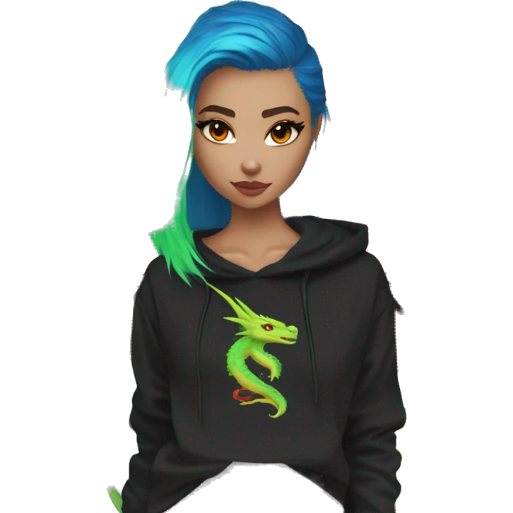 Lady with brunette and iridescent blue hair, gold, lime green dragon wings, black hoodie, bleach dyed, black and gold Nike t shirt, and bright red eyes emoji