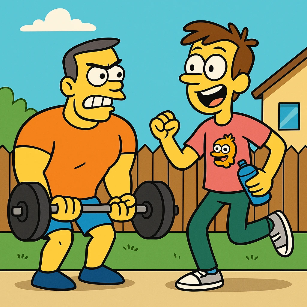 Jake and Tom have been gym buddies (friends who go to the gym together) for months (maybe 3–6 months or more), but their workout styles (the way they exercise or train—like lifting weights) couldn’t be more different (they’re very, very different). emoji