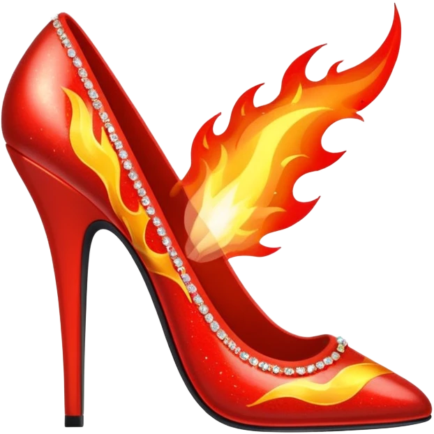 single fire red stiletto shoe with big flames and sparkles emoji