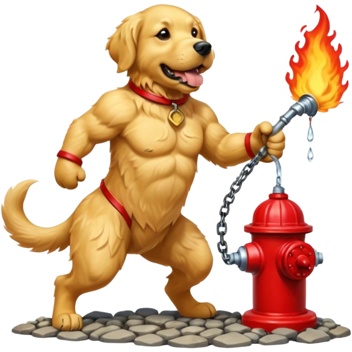 A rock creature gets into a fight with a fish that has grown human legs and arms while they are fighting. A dog stands with a fire hydrant. emoji