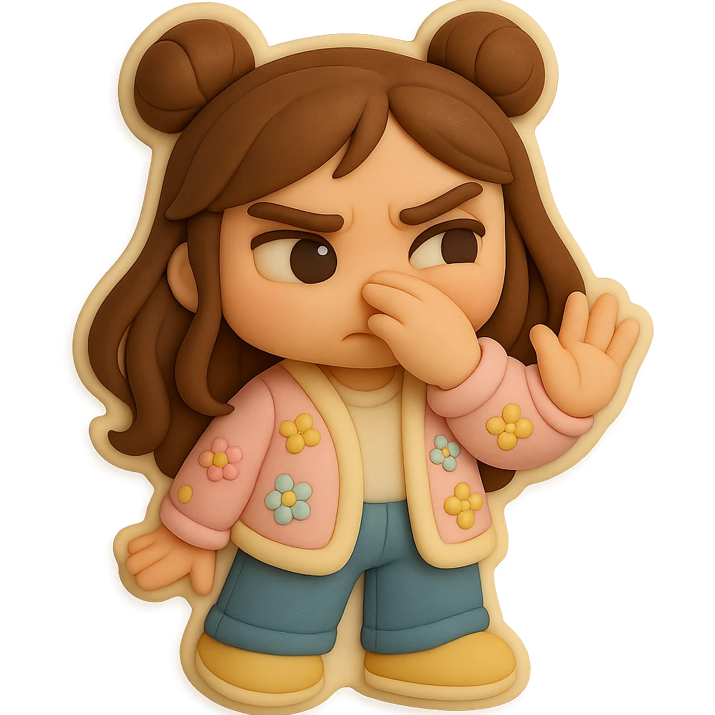 3D chibi fondant cake art style, high-quality rendering with smooth shadows and soft gradients. Girl based on reference image with preserved facial features and eye shape, long brown hair in two space buns, brown eyes, jeans, pastel floral cardigan, shoes, thick white outline like a sticker. Waving her hand in front of her nose like 'ew, it stinks'. Ensure the face, hairstyle, eye shape, and shoes match the reference exactly. emoji