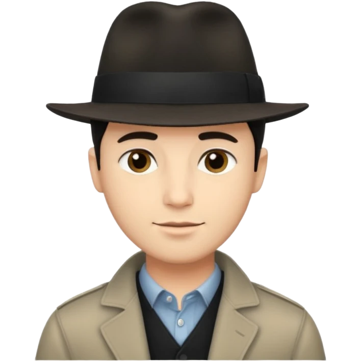 A light-skinned man with short dark hair, and a black fedora, with an oval face and calm look. emoji