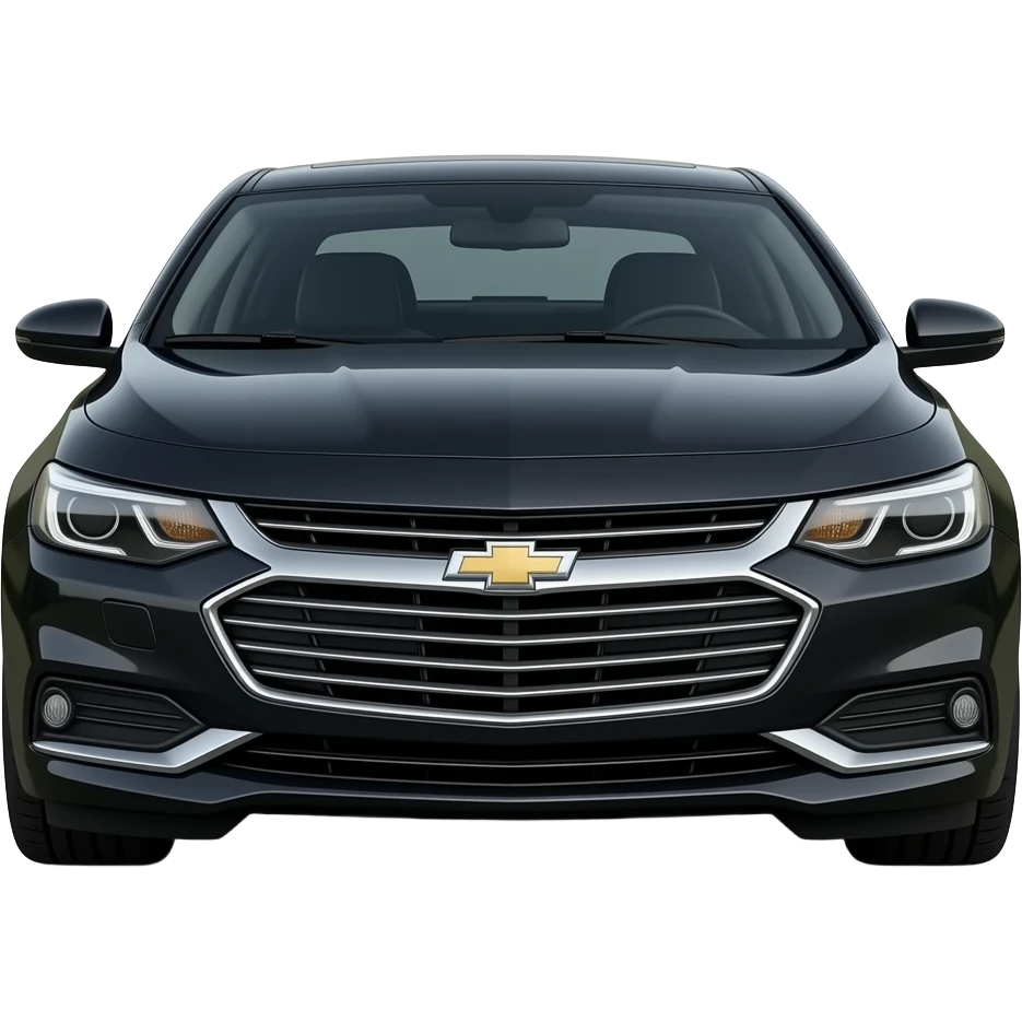 A realistic, high-detail photograph of a glossy black Chevrolet Malibu 2 Turbo Premier sedan with tinted windows and black alloy rims. emoji