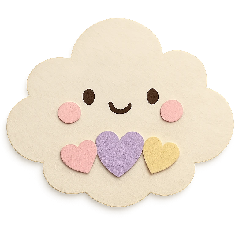 kawaii puffy cloud holding tiny pastel hearts, soft pastel colors, no limbs, full body, paper craft style emoji