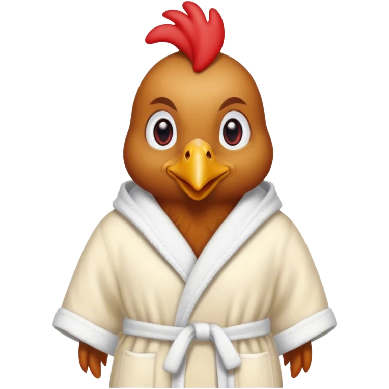 Chicken wearing a bath robe with low red eyes emoji
