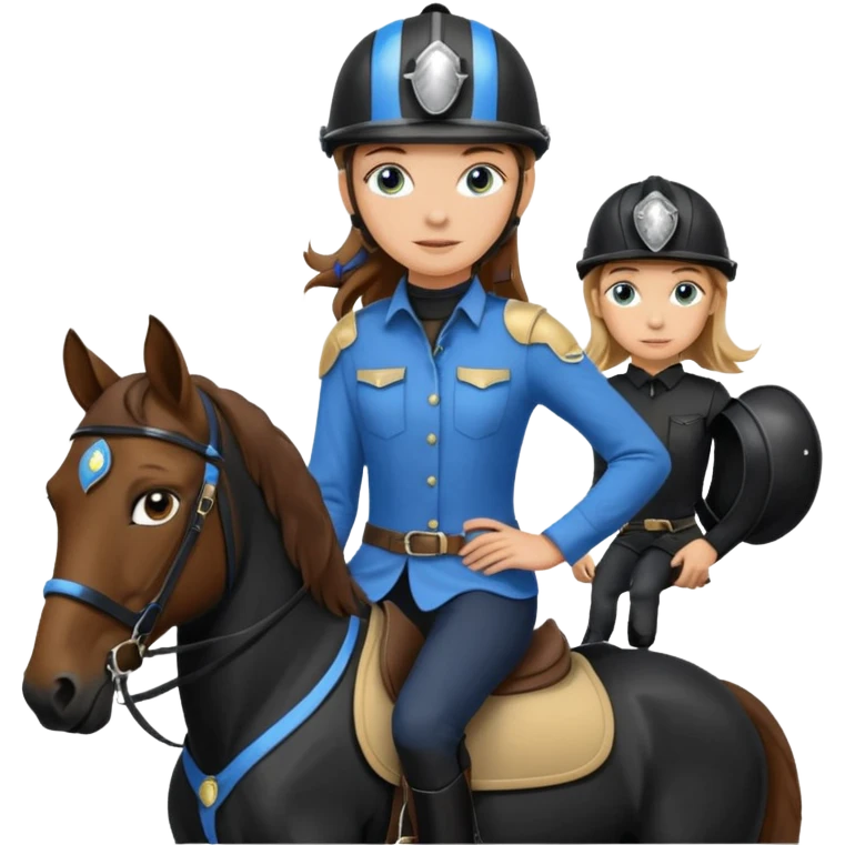 A teen girl with brown hair and blond highlights and blue eyes and tall on top of a black horse emoji