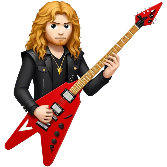 Create a bold and dynamic emoji representing the Epiphone Dave Mustaine Flying V Custom electric guitar. The design should feature the sharp, iconic V-shaped body of the guitar, with a custom finish reflecting Dave Mustaine’s signature style. Add intricate details like gold or chrome tuning pegs and pickups, with subtle graphics or patterns that reflect the aggressive, heavy metal aesthetic. Use a color palette of black, gold, and red, with a touch of metallic sheen for the high-end finish. The background should be transparent to emphasize the guitar's iconic shape emoji