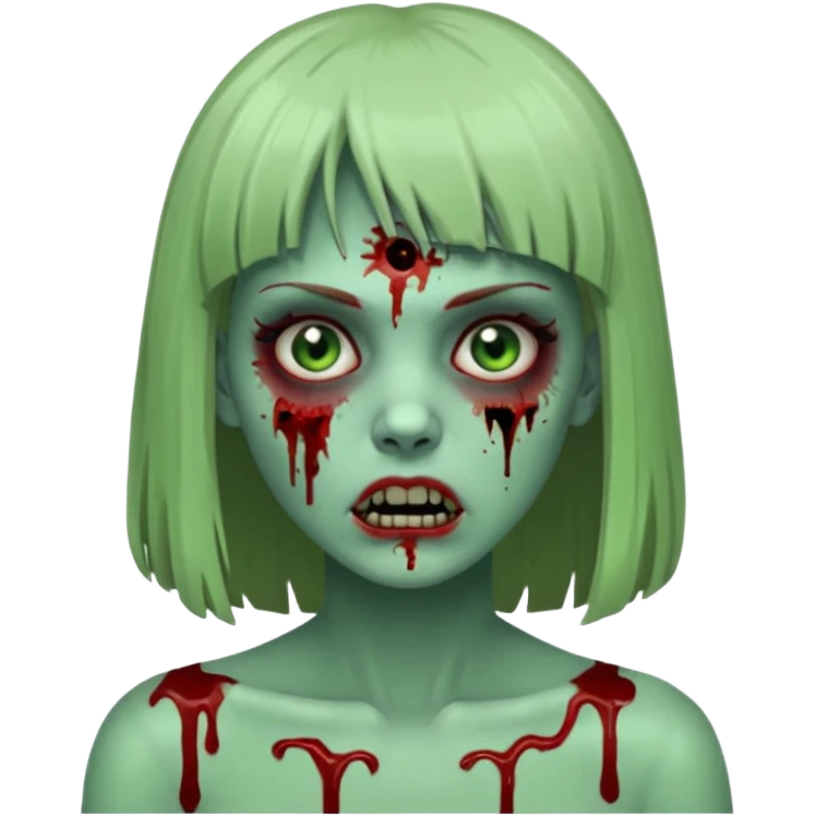 Mulher cabelo de franjinha pele verde zumbi sangrando bonito com zundo escuro noite  emoji