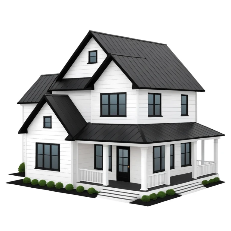 modern farmhouse with white siding, black roof and black trim, exterior view, 3d emoji