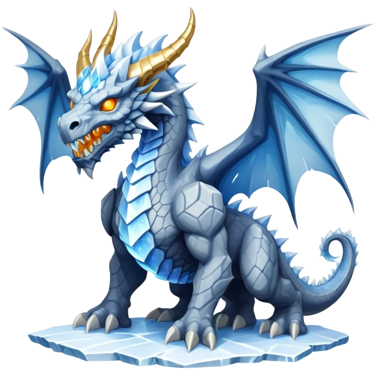 This extraordinary hybrid creature combines the elemental power of an ice dragon with the raw physical might of a stone golem. Its core body resembles a cluster of angular, faceted stones that have been infused with magical ice energy. The creature's head features a draconic shape with curved horns and piercing amber-gold eyes, but parts of its face retain the jagged stone texture. Blue-white energy flows between the gray rock segments, creating glowing lines throughout its body. The creature has developed partial wings made of crystalline ice formations extending from its rocky frame, and its tail alternates between stone segments and ice spikes. Sharp teeth line its mouth, some appearing as polished stone, others as ice crystals. Frost continuously emanates from its body, and when it moves, it creates a distinctive sound of grinding stone and crackling ice. full body emoji