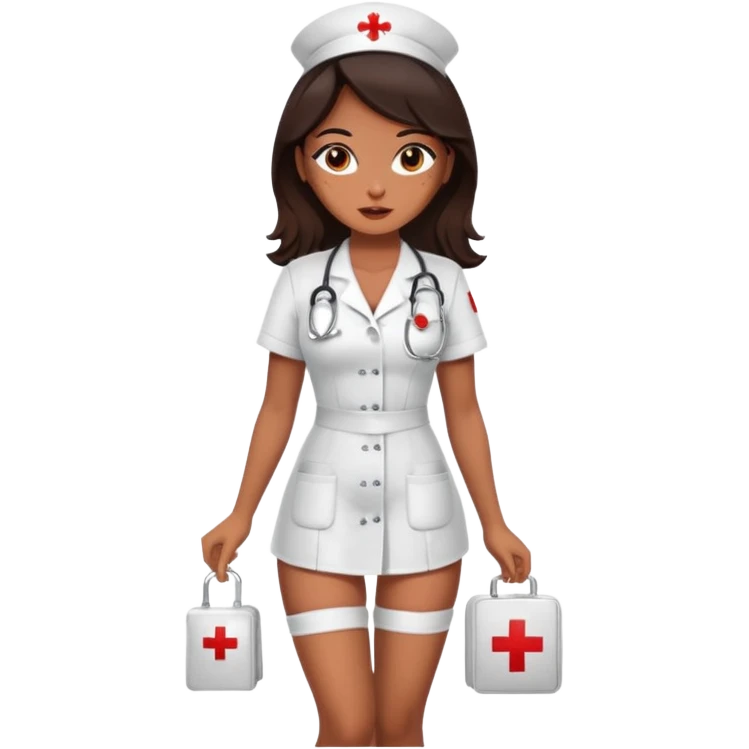 A sexy girl. with caramel skin. Dark brown hair and brown eyes. She has freckles. Wearing sexy makeup. Dressed as a sexy nurse. Full body. Wearing lingerie  emoji