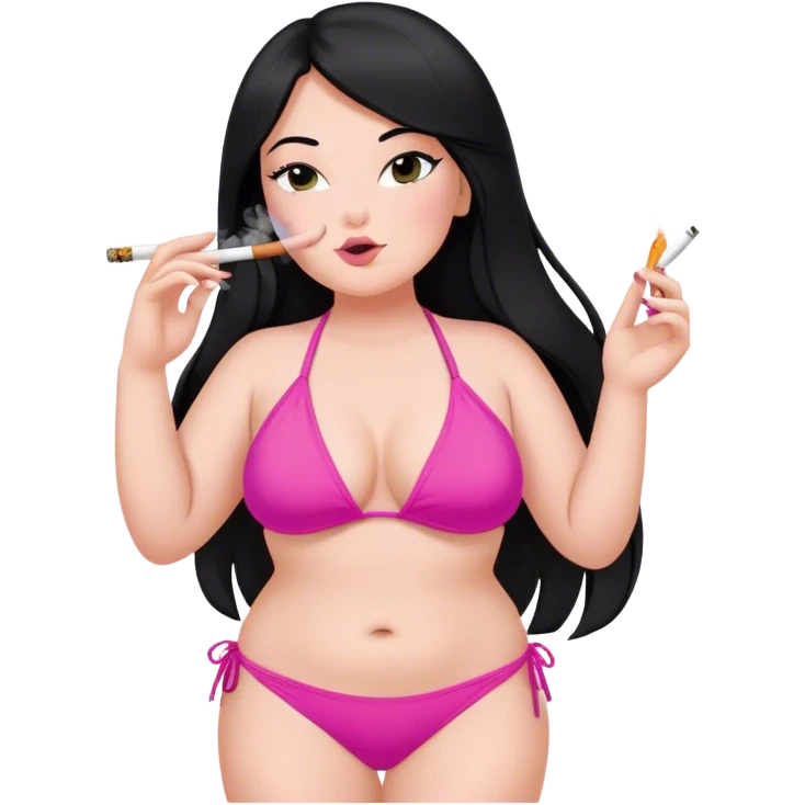 caucasian curvy girl smoking in pink bikini, long straight black hair, sfw pose emoji