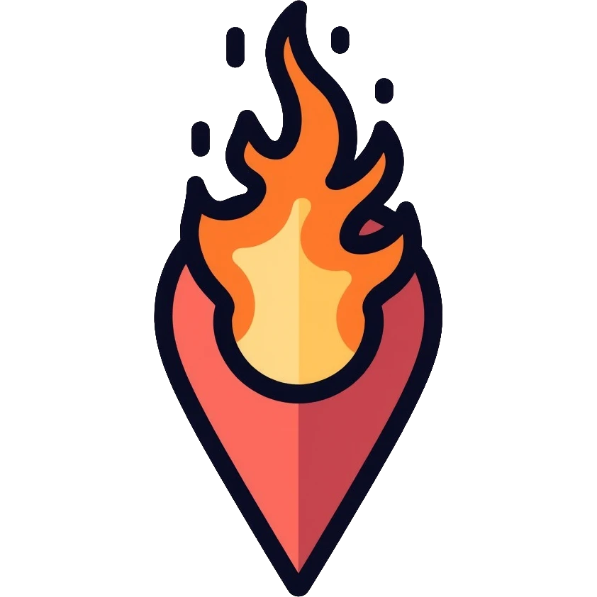 A map location pin marker on fire with flames coming out the top emoji