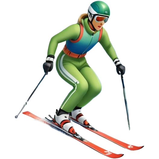 An icon featuring snowy peaks, pine trees, and a picturesque mountain landscape with a skier racing down a snow-covered slope. The sky is blue with soft clouds, capturing the thrill and beauty of alpine skiing. Transparent background highlights the excitement and serenity of winter sports. emoji