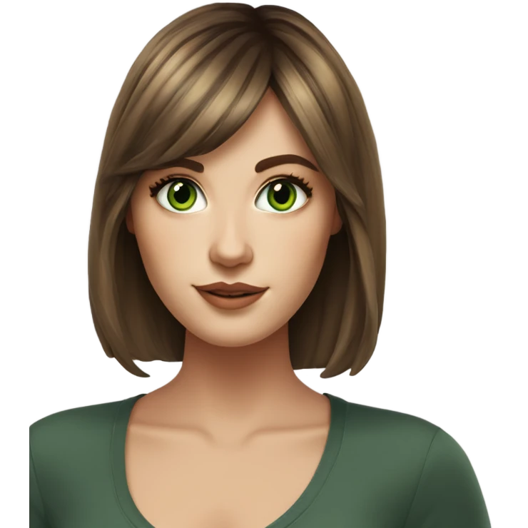 White girl green eyes with medium length voluminous brown hair with brown highlights balayage bangs emoji