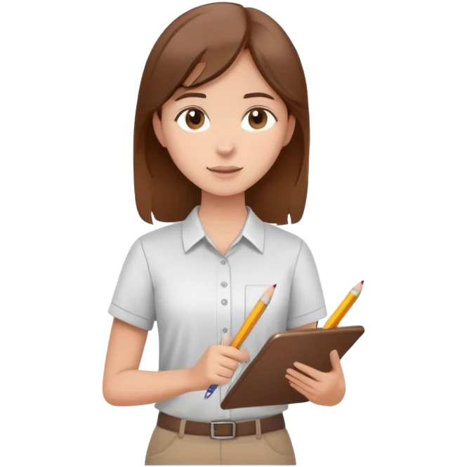 Intern or volunteer with brown hair holding a clipboard and pencil, ready to take notes or assist. The character wears a simple shirt and has an eager posture emoji