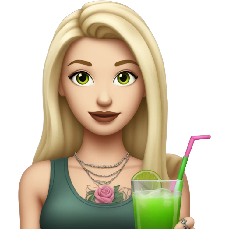 Realistic White girl with Long straight blonde hair, green eyes, tattoos, full body wearing dress and High heels, holding pink drink emoji