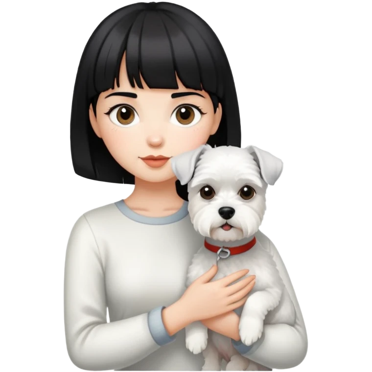 Girl with short black hair and bangs holding a white schnauzer dog emoji
