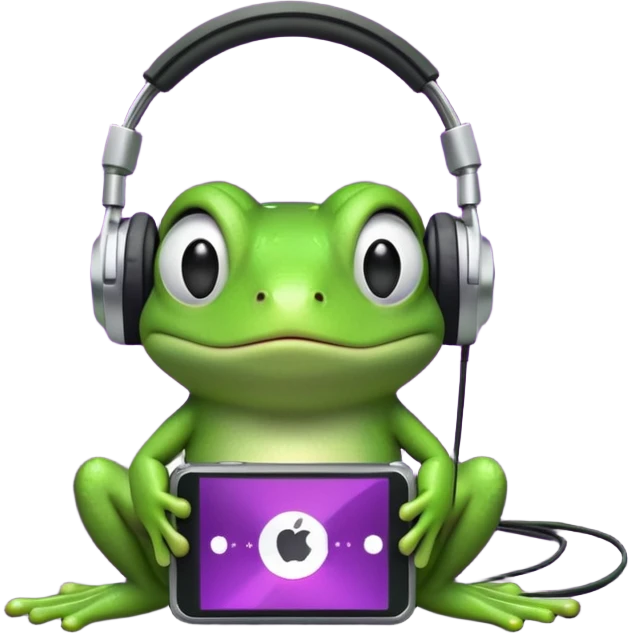 A cute green cartoon frog sitting with a neutral expression, wearing large black over-ear headphones. The frog is connected by a wire to a small, classic-style iPod with a purple screen, placed in front of it. The background is a dense black-and-white noise pattern resembling TV static. emoji