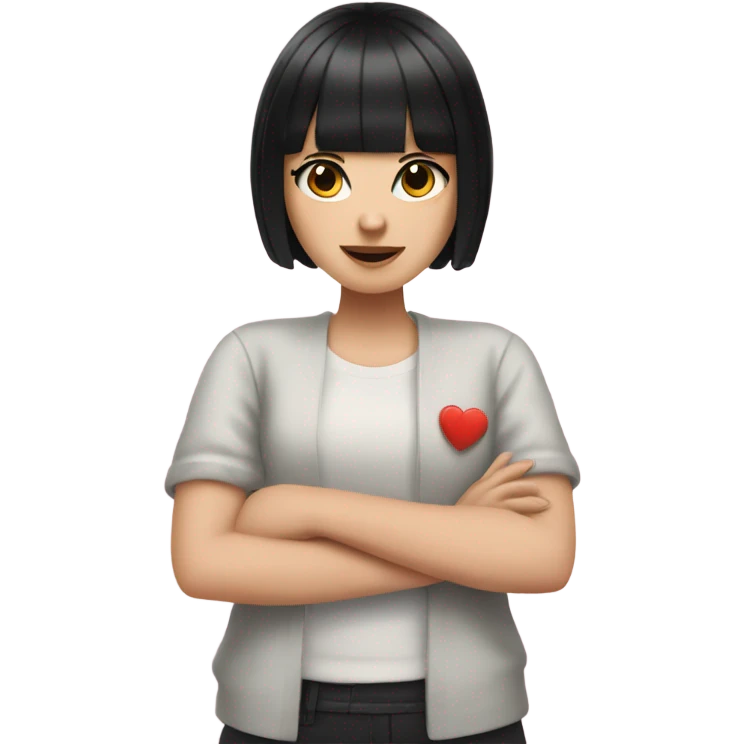 white girl with black hair and bangs holding up heart hands  emoji