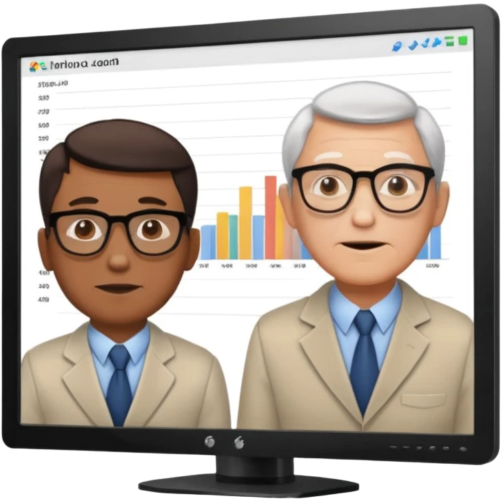 teaching somebody else in person, in the same place, watching the same monitor together, the trainee and trainer are in the similar age, two both are men, the monitor should be showing some data graphs emoji