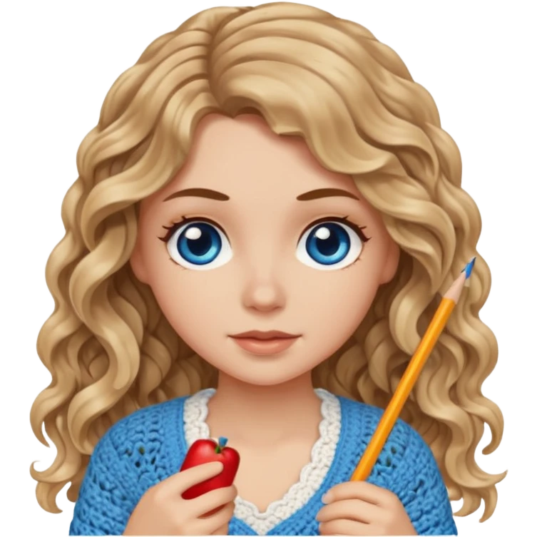 White Girl with long light brown slightly blonde ish wavy hair and blue eyes who likes crocheting emoji