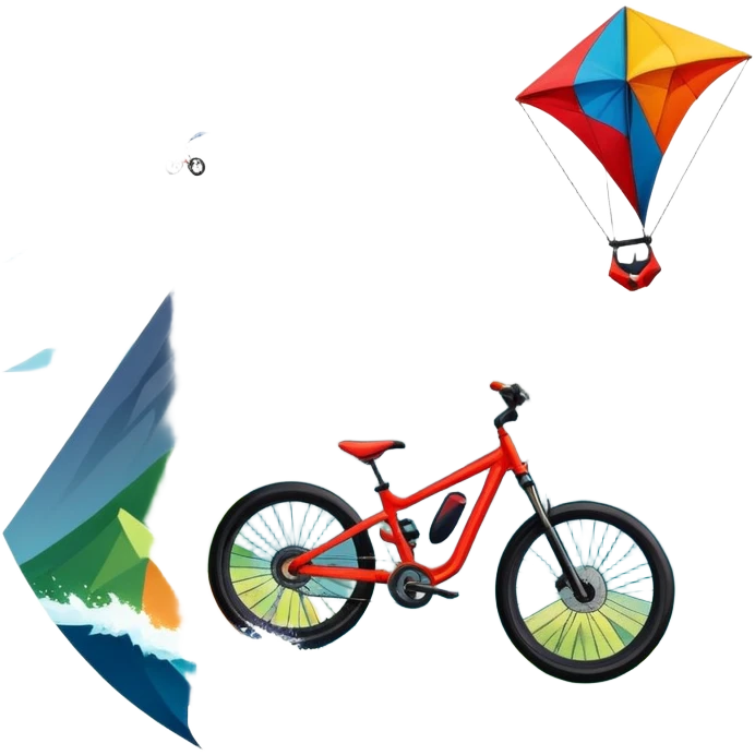 An emblem-style design representing extreme sports and lifestyle, featuring symbols of adventure such as a mountain, a sea, a kite, and a bike. The design is bold and dynamic, with sharp lines and energetic colors, capturing the essence of thrill, freedom, and adrenaline. emoji