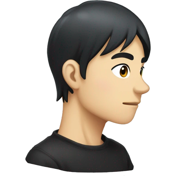 Create an emoji of a slime anime character in profile view, with a serious expression, black short hair, wearing a black shirt,  The background should be a simple light grey circle. emoji