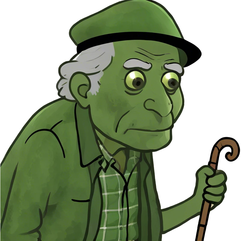 Old man leaning on a walking cane and holding his crancky back with his hand, grumpy face, detailed emoji