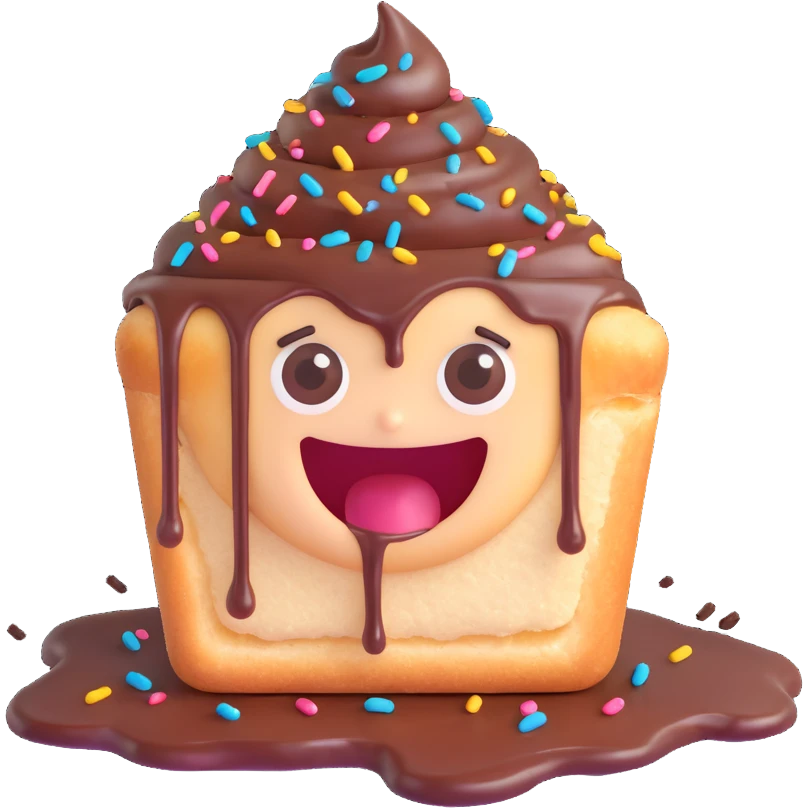 Rectangular chocolate mini pastry, messy chocolate dripping, sprinkles flying, surprised eyes, open mouth, text above: "ПАСТИЧКА", chibi style, Twitch emoji style, transparent background, colorful
 emoji
