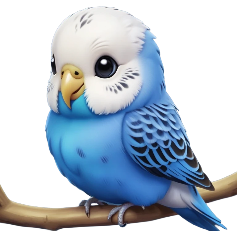 cinematic-cute-blue-budgie-portrait-emoji,-head-tilted-playfully-and-inquisitively,-featuring-a-brilliant-blue-feathered-fur-and white and black feathered face-with-a-natural-sheen,-round,-sparkling-dark-eyes-filled-with-curiosity,-simplified-yet-irresistibly-adorable emoji