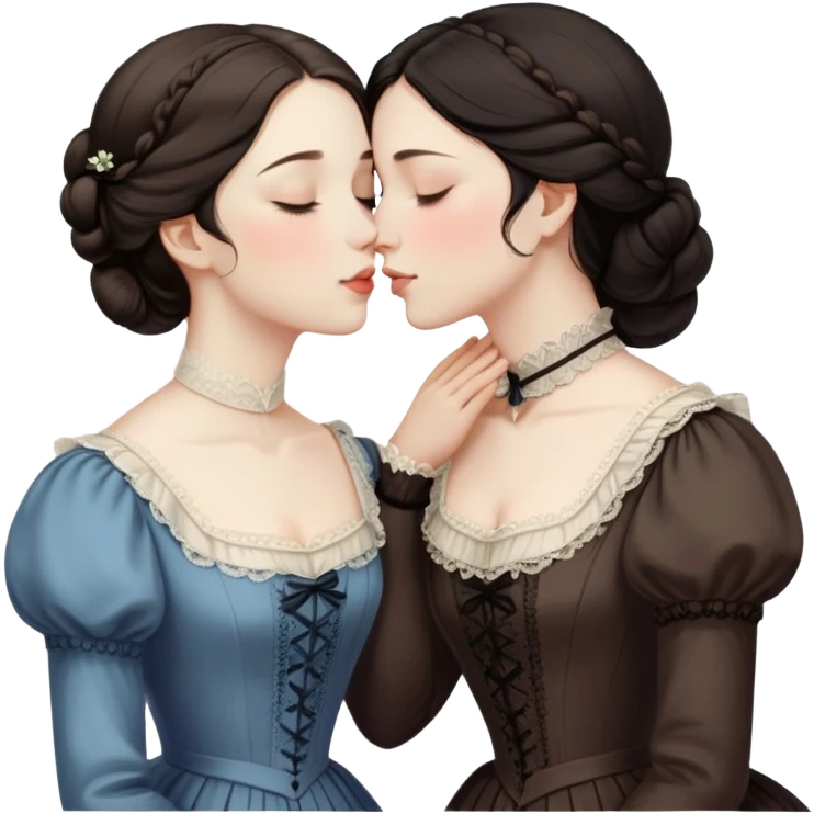 Two Victorian women sharing a gentle kiss, eyes closed, one with dark hair and one with light hair, both wearing modest dark Victorian dresses emoji