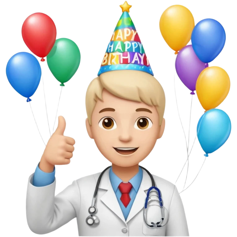 cute doctor character giving a thumbs up, surrounded by birthday decorations and a 'Happy Birthday' banner emoji