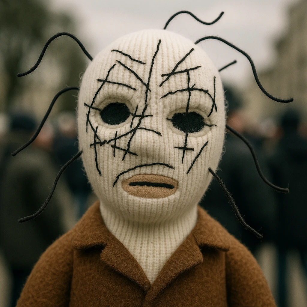 The mask is a full-head, white knitted balaclava with a tight ribbed texture. It features two asymmetrical eye openings and a partially exposed mouth area. Black thread is stitched across the surface in chaotic, abstract lines that trace facial features, giving a hand-drawn effect. Several black cords extend outward from the mask, varying in length and direction, adding a sculptural, almost organic appearance. The overall look is bold, handcrafted, and visually striking. emoji