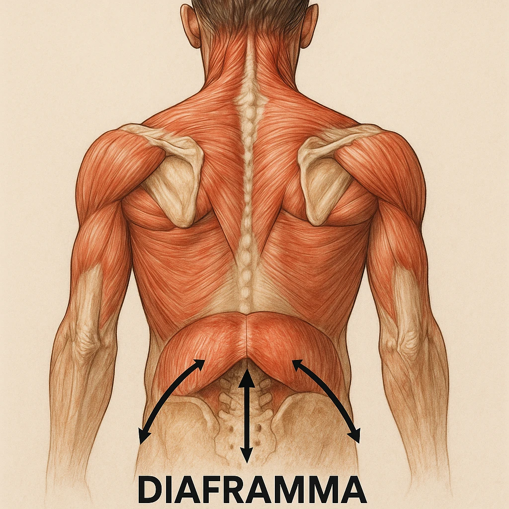 vista posteriore del busto umano con muscoli del collo e scapole in tensione, diaframma bloccato indicato con frecce, didascalia in italiano emoji
