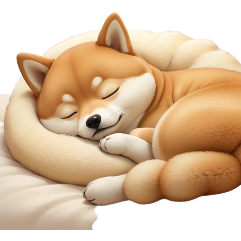 Cinematic cute Sleeping Shiba Inu Portrait Emoji, cute and serene, with a round, adorable build and a plush fur with a soft creamy underbelly, eyes gently closed in peaceful slumber, Simplified yet irresistibly endearing features, highly detailed, glowing with a gentle, dreamy glow, high shine, relaxed and content, stylized with a touch of whimsy, bright and heartwarming, soft glowing outline, capturing the essence of a blissfully sleepy companion, so comically serene it feels like it could roll out of the screen and snore with adorable charm! emoji