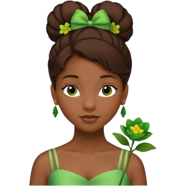 tạo cho tôi emoji tạo hình của công chúa da đen tóc nâu búi tóc 1 bên trên đỉnh đầu, cô ý cài hoa màu xanh lá cây. không đeo khuyên tai emoji