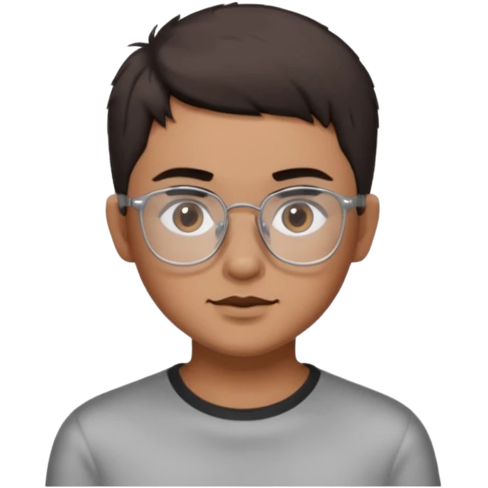 personagem com corte de cabelo Wolf cut curto, cabelo castanho escuro, olho castanho escuro, sombrancelha castanho escuro, óculos sem aro prata quadrado. emoji