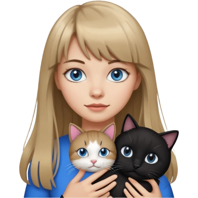 Apple-style emoji sticker of a young woman with long dark blond hair and bang, blue eyes , holding a cat black and white emoji