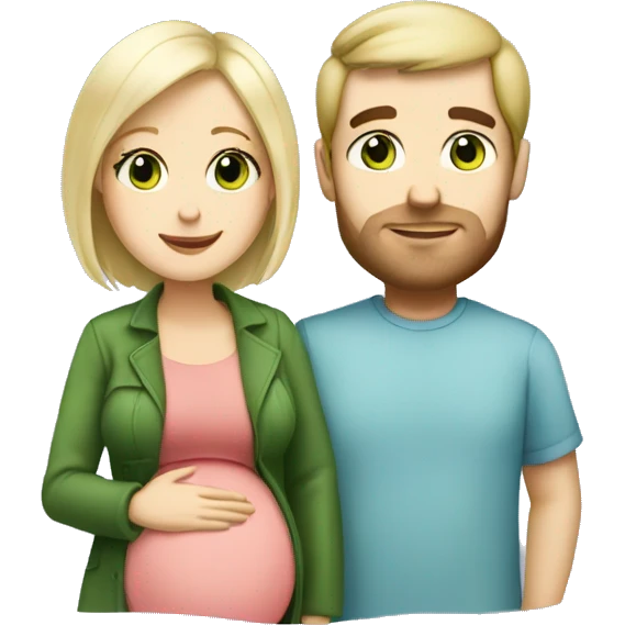 Pregnant blonde with a bob and green eyes with brown haired husband with blue eyes emoji