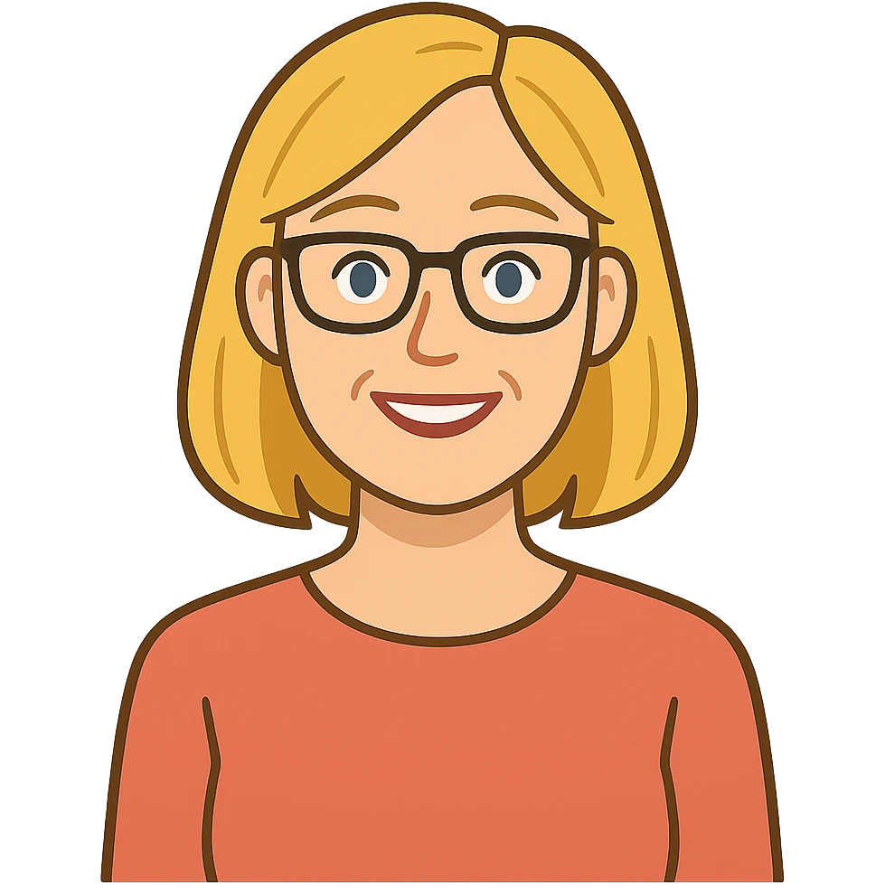 flat toon style blonde 40 year old woman with blue eyes and glasses emoji