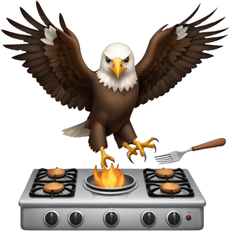 aquila calva sorvola fornello a gas con forchetta in mano emoji
