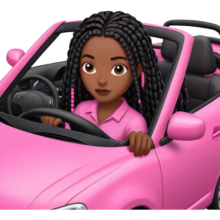 A dark-skinned Black woman with black box braids, driving a pink car emoji