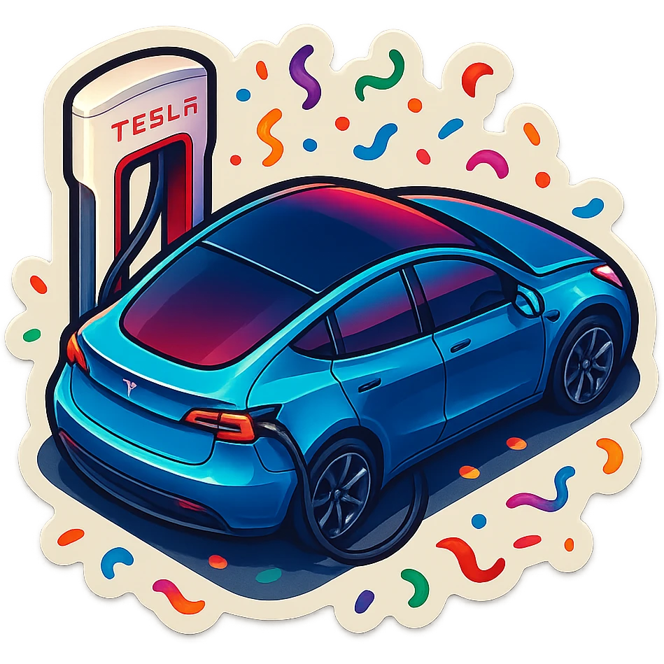A Tesla Model Y parking at a supercharger, from above, with confetti emoji