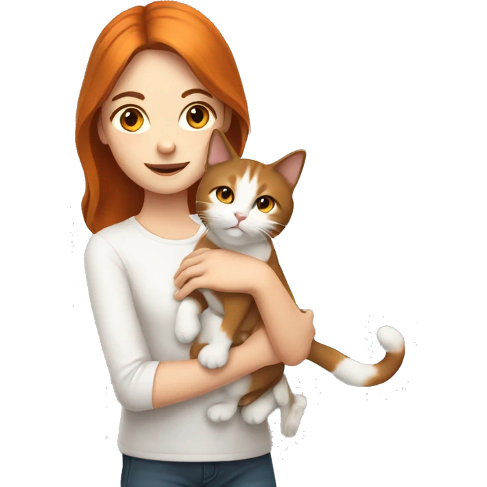 Girl with brown hair and white skin holding orange and white cat   emoji